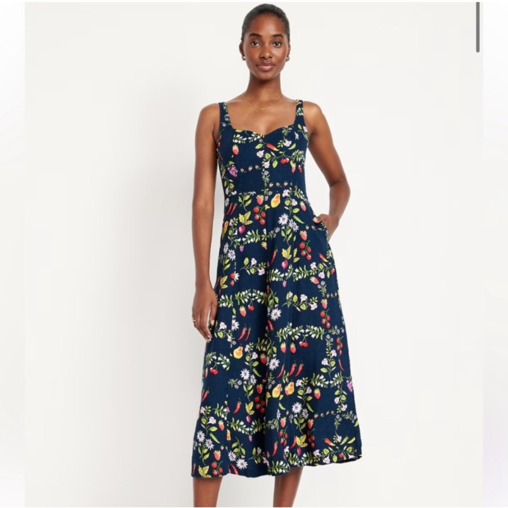 NWT!Old Navy Fit and Flare Midi Dress navy blue with veggie print size small